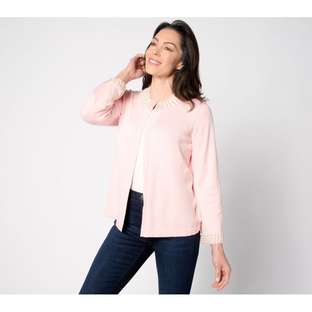 Isaac Mizrahi Live! Women's Top Sweater Sz L Knit JacketPearl Pink A620562